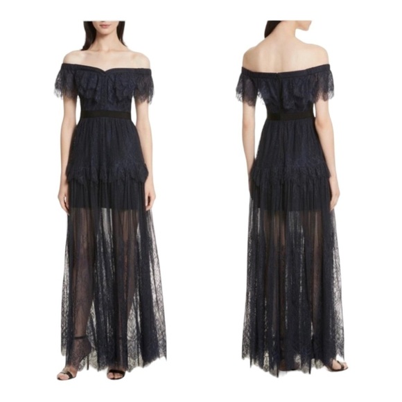 NWT SELF-PORTRAIT Navy Blue Off the Shoulder Fine Lace Maxi Dress US 2 Formal - Picture 2 of 16